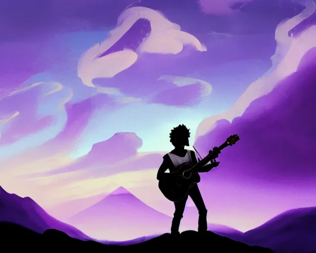Image similar to A slightly silhouetted figure of a man with a guitar, clouds that look like mountains high in the sky, the clouds are a deep blue purple color with the sun blazing behind the clouds, deep focus, D&D, fantasy, intricate, elegant, highly detailed, digital painting, artstation, concept art, matte, sharp focus, illustration, hearthstone, art by Artgerm and Greg Rutkowski and Alphonse Mucha