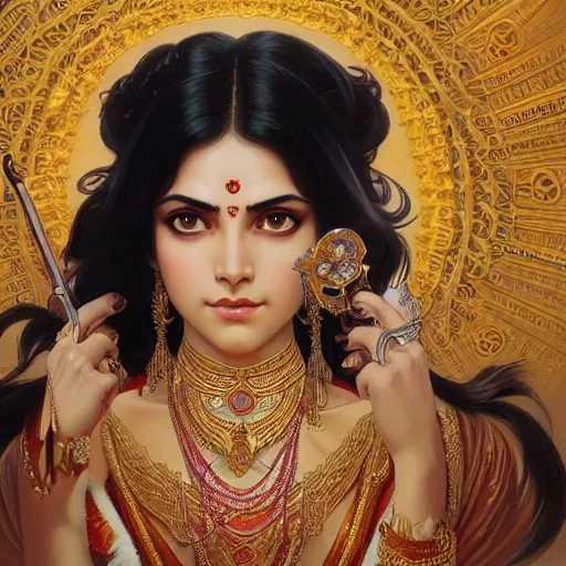 Image similar to Portrait of an hindu goddess with platinum black hair, western, D&D, fantasy, intricate, elegant, highly detailed, digital painting, artstation, concept art, matte, sharp focus, illustration, art by Artgerm and Greg Rutkowski and Alphonse Mucha