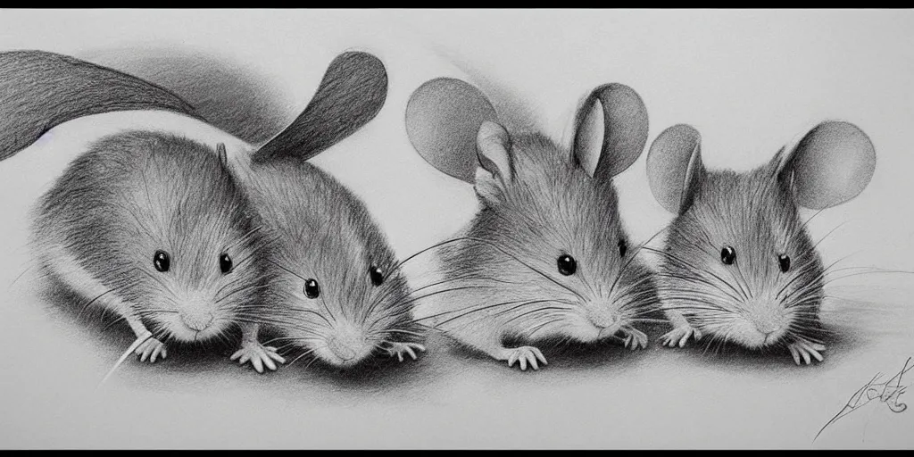 Prompt: a beautiful pencil drawing of exactly two!!!!! cartoon mice; masterpiece; extremely highly detailed; ultra-realistic; trending on artstation