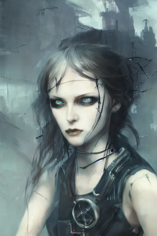 Prompt: gothic cyberpunk girl, post apocalyptic dystopian landscape, heavy blue eye makeup, half body portrait, melancholic expression, gloomy vibes, evanescence, gritty, anime, ruan jia, artstation