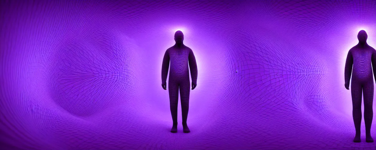 Prompt: man covered with a fractal structure from whose eyes comes a purple glow, realistic 3 d render, octane render 4 k