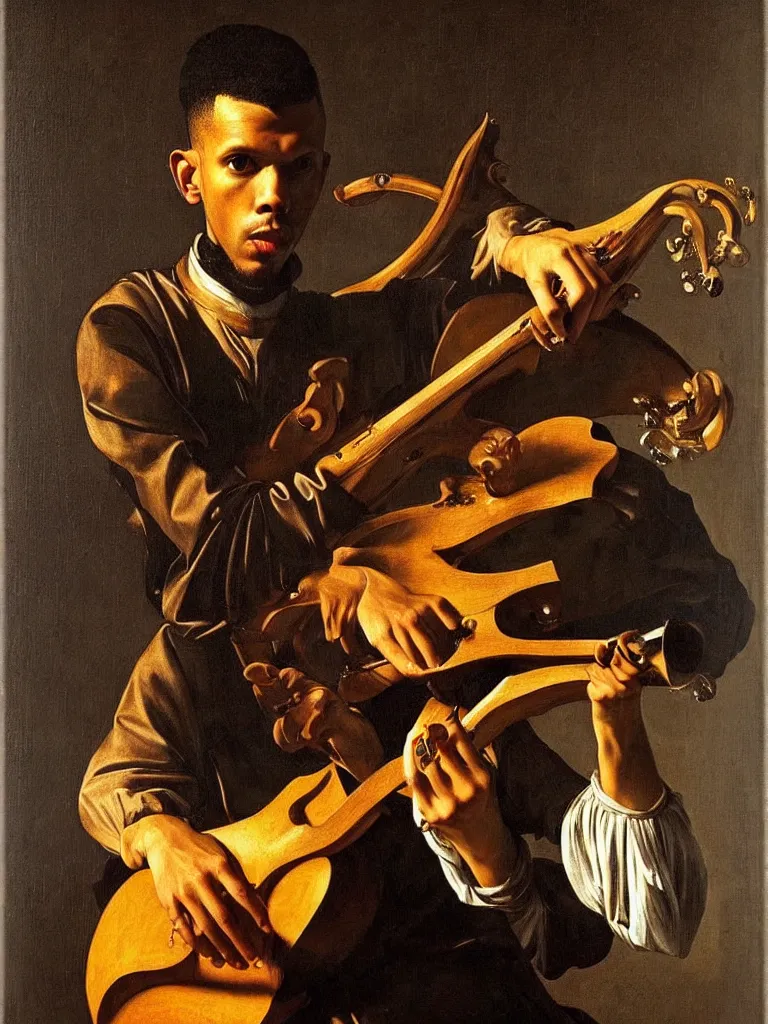 Prompt: a masterpiece portrait of stromae as a bard with a mandolin by caravaggio, epic composition, epic light, exquisite details, dark mood,