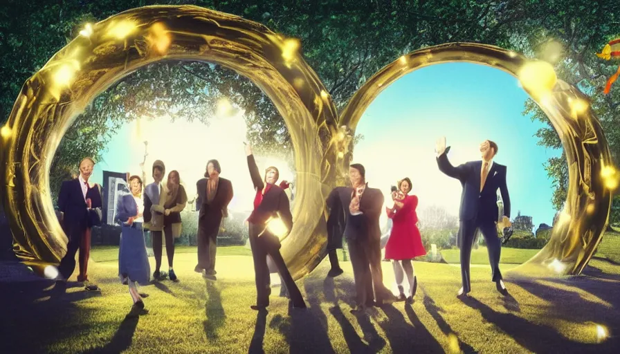 Image similar to 1990s candid photo of a beautiful day at the park, cinematic lighting, cinematic look, golden hour, costumed business mascot people coming out of a portal, Enormous personified business people with outstandingly happy faces coming out of a portal and talking to families, UHD