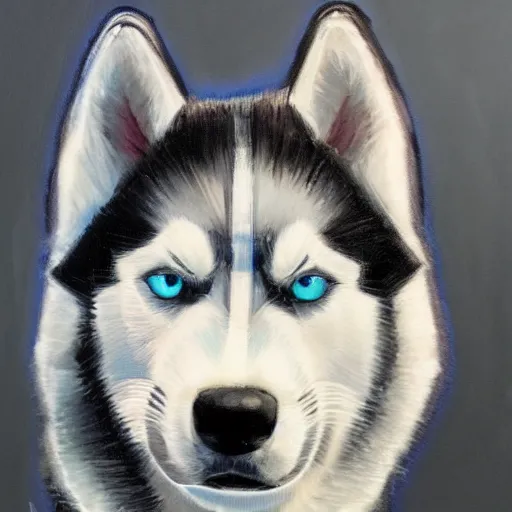 Image similar to a husky wearing a black jacket with blue eyes, art station