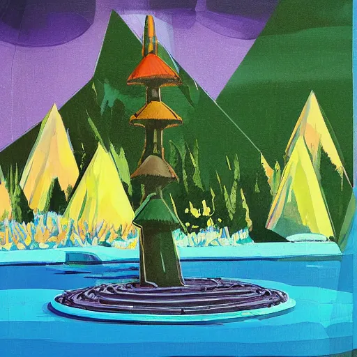 Image similar to otherworldly vivid futuristic pool pyramid penguin sack cedar tree teak tree, by tom thomson and ghibli studios and andy warhol, mixed media, speedpainting, an art deco