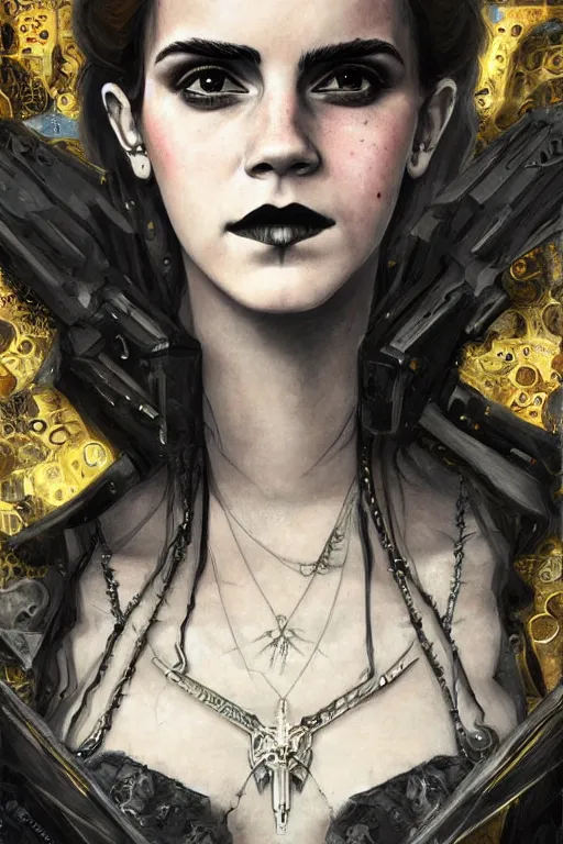 Image similar to portrait of beautiful gothic Emma Watson, cyberpunk, Warhammer, highly detailed, artstation, illustration, art by Gustav Klimt