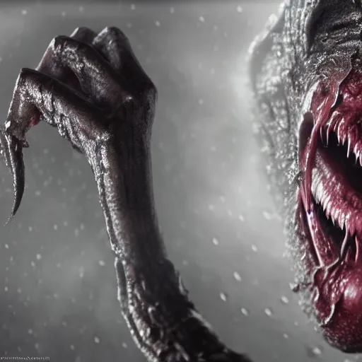 Image similar to realistic, wet humanoid alien, long textured tongue, dripping acid saliva, smoke, mouth in mouth, 8 alien eyes, metallic fangs, thin red veins, grey snake scale skin, cinematic light shadows, slimy reflections, crawling in a sewer pipe, flashlight lighting, insanely detailed