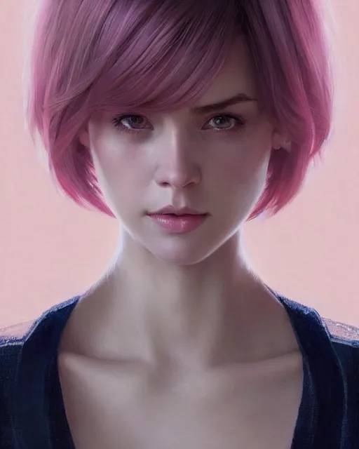 Prompt: portrait of a beautiful half elf girl with short pink layered bob haircut, intricate, elegant, highly detailed, digital painting, artstation, concept art, smooth, sharp focus, illustration, art by artgerm and greg rutkowski and alphonse mucha and uang guangjian and gil elvgren and sachin teng and wlop, symmetry