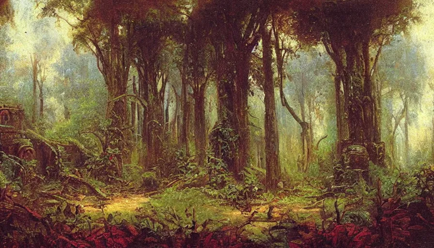 Image similar to forest filled with ruins, heavy rain, in the style of Gaston Bussière