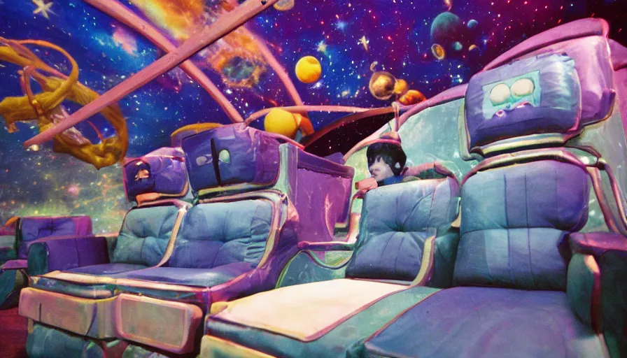 Image similar to 1990s photo of inside the Space Sofa ride at Universal Studios in Orlando, Florida, riding the flying sofa through space , cinematic, UHD