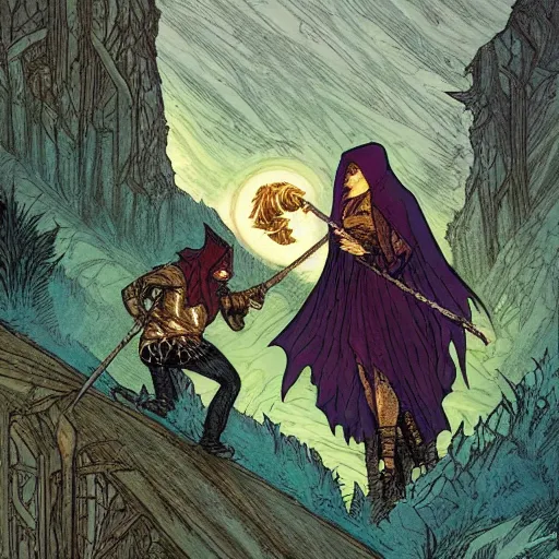 Prompt: the dark hooded thief with a glint in his eye slays the morrigan, beautiful and terrible, on a cliffside. award winning fantasy concept art by rebecca guay and dan mumford.
