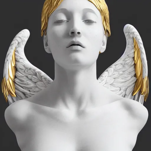 Prompt: a statue made of white marble with gold veins, of an beautiful gorgeous angel girl, full body shot, perfect symmetrical body, perfect symmetrical face, no eyes, hyper realistic, hyper detailed, fujicolor superia 1 6 0 0 photo, by peter kemp, by monia merlo, by michelangelo octane render, blender, 8 k