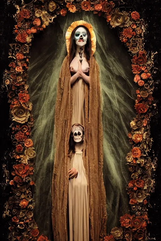 Prompt: calotype virgin mary in dia de muertos dress and make up, horrific beautiful vibe, evocative, atmospheric lighting, painted, intricate, highly detailed, leesha hannigan, wayne haag, reyna rochin, ignacio fernandez rios, mark ryden, iris van herpen, stunning, gorgeous, sharp focus, cinematic, masterpiece