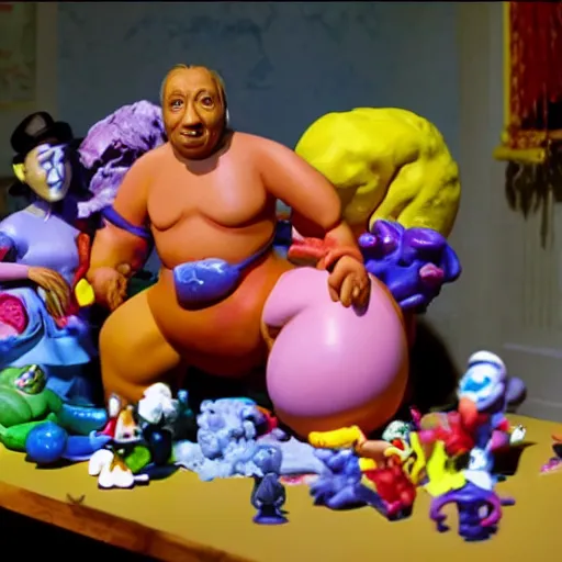 Image similar to a claymation film still of a toy / collection / ethnographic museum / claymation by jeff koons