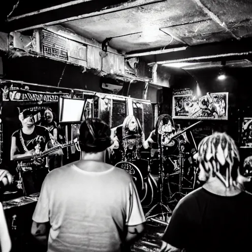 Prompt: a heavy metal band playing in a small dark bar in front of a few people, as shot from the back of the crowd