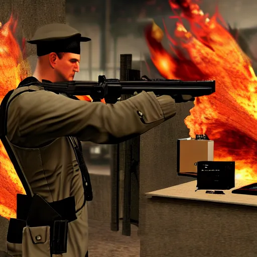 Image similar to drebin mgs4 trying to build a desktop computer on fire, game