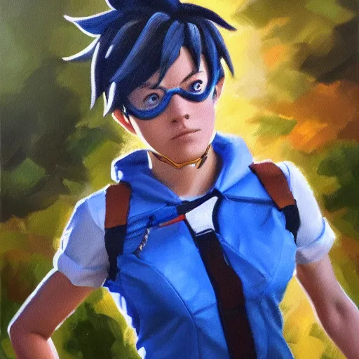 Image similar to oil painting of tracer overwatch in a field wearing spiked collar uniform, in style of steve henderson, expressive face, detailed face, detailed eyes, full body, feminine face, tracer overwatch,