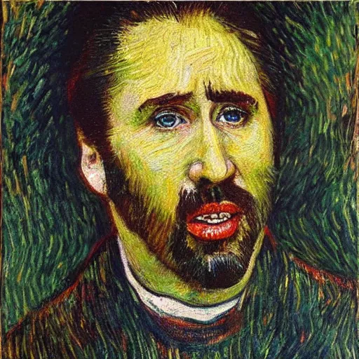 Prompt: highly detailed oil painting of nicolas cage in a banana, 4 k, in the style of van gogh, monet, picasso and dali