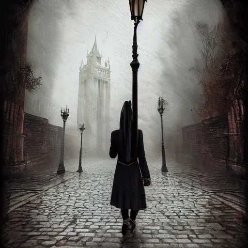 Image similar to terrifying vampiric creature walking through the center of old london city, oil painting, gloomy misty atmosphere, symmetrical, full body image, highly ornate intricate details, very sharp photo,
