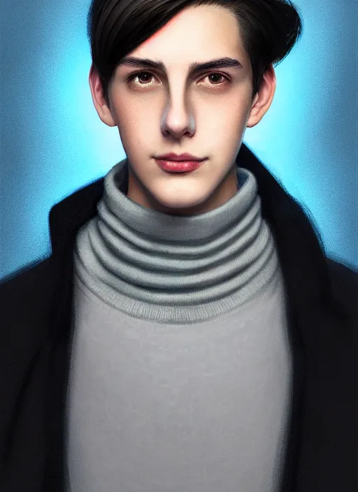 Image similar to portrait of teenage jughead jones wearing a light grey crown, crown, blue turtleneck, closed eyes, photorealistic, black hair, glowing lighting, intricate, elegant, glowing lights, highly detailed, digital painting, artstation, concept art, smooth, sharp focus, illustration, art by wlop, mars ravelo and greg rutkowski