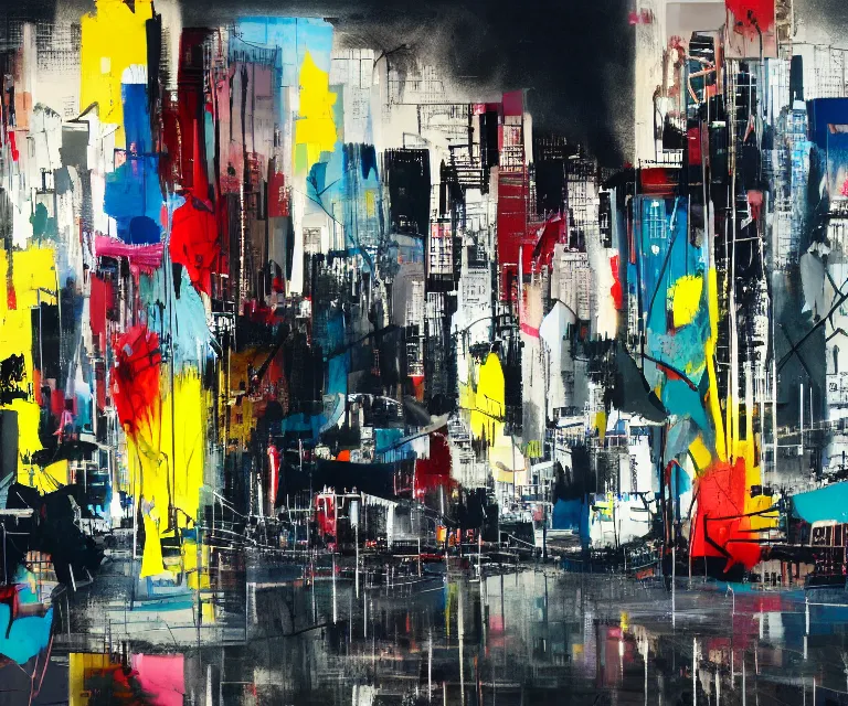 Prompt: acrylic and spraypaint of a metropolitan cityscape at night with wet pavement and reflections, painting, paint drips, acrylic, clear shapes, spraypaint, smeared flowers, origami crane drawings, oil pastel gestural lines, large triangular shapes, painting by ashley wood, basquiat, jeremy mann, masterpiece