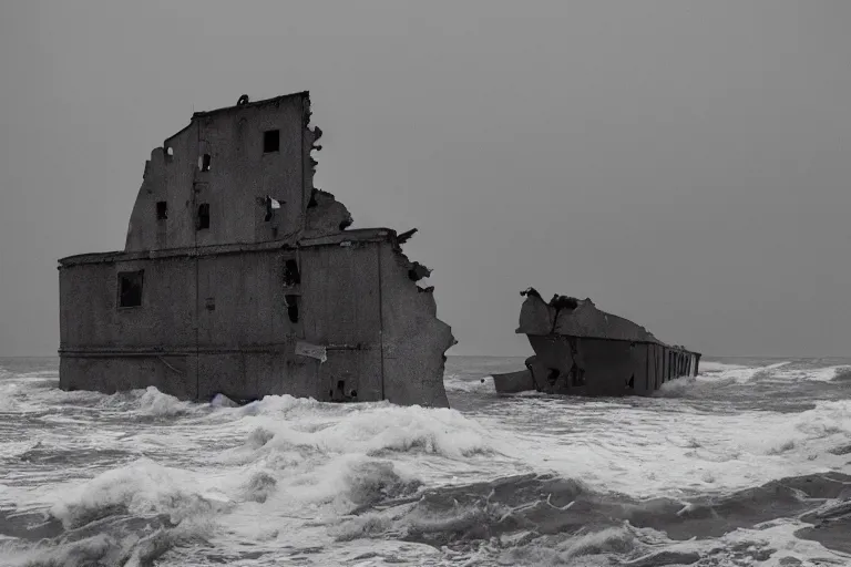 Image similar to high key lighting, lighting storm, danila tkachenko, shipwreck, photograph of an abandonet soviet building bloc in the middle of the ocean, big waves