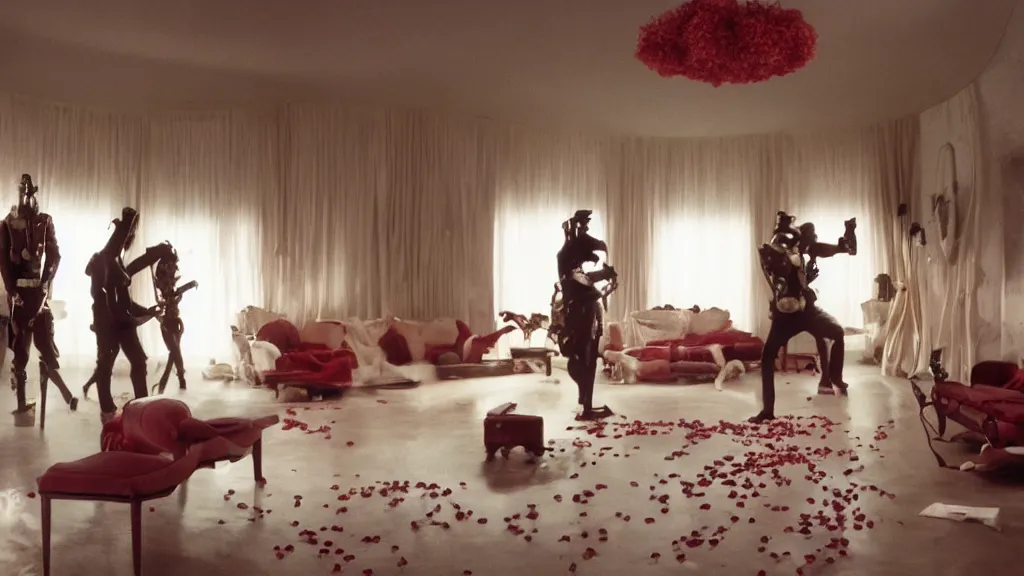 Image similar to Cherry on Cherry violence in a living room, film still from the movie directed by Denis Villeneuve with art direction by Salvador Dalí, wide lens