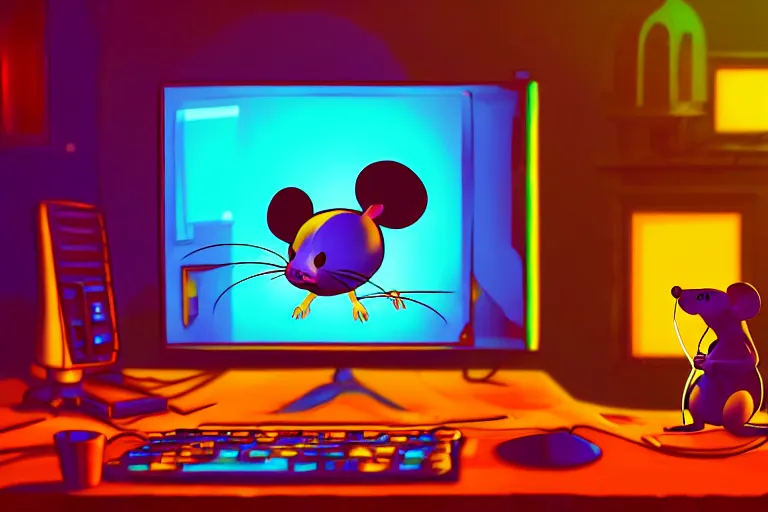 Prompt: A mouse is working on a computer in a Gothic atelier, detailed, colorful, glowing lighting, 4k, dimly lit, in the style of vintage Disney 90s retro future,