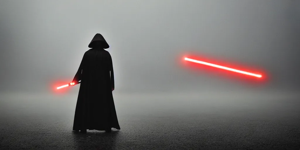 Image similar to sith lord with lightsaber, no darth vader, fog on the ground, heavy rain, lightning, moody lighting, shallow depth of field,