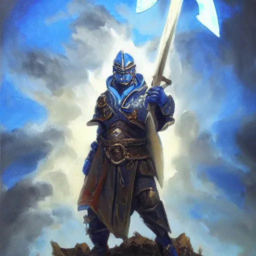 Prompt: oil painting of blue dragonborn cleric of a storm god, dungeons and dragons, lightning, tempest shield, holy, epic