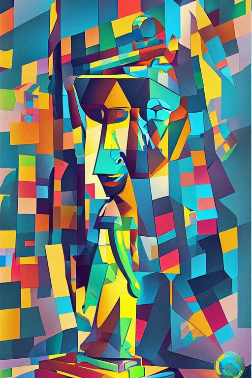 Image similar to cubist moai statue cutout digital illustration cartoon colorful beeple