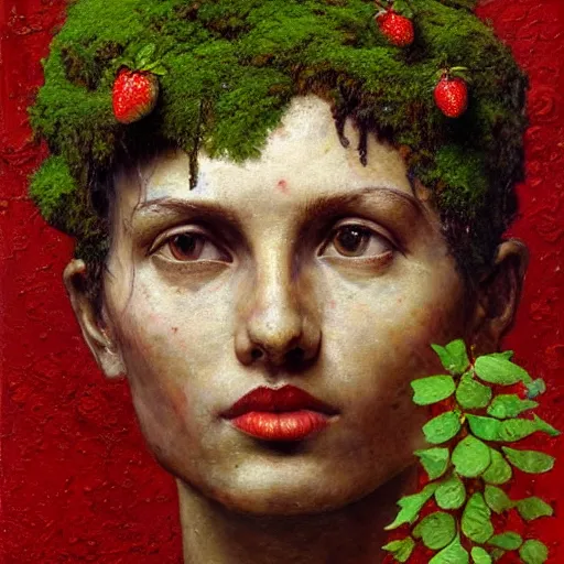 Image similar to a sculpture portrait made of moss and strawberries and mud and plants, painting part by wojciech siudmak, part by ilya repin, part by max ernst, part by norman rockwell, artstation