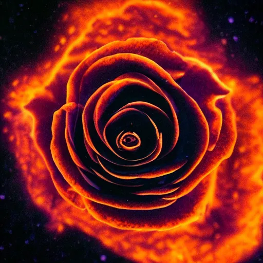 Image similar to award - winning macro of a beautiful black rose made of molten magma and nebulae on black background by harold davis and harold feinstein, highly detailed, hyper - realistic, inner glow, trending on deviantart, artstation and flickr, nasa space photography, national geographic