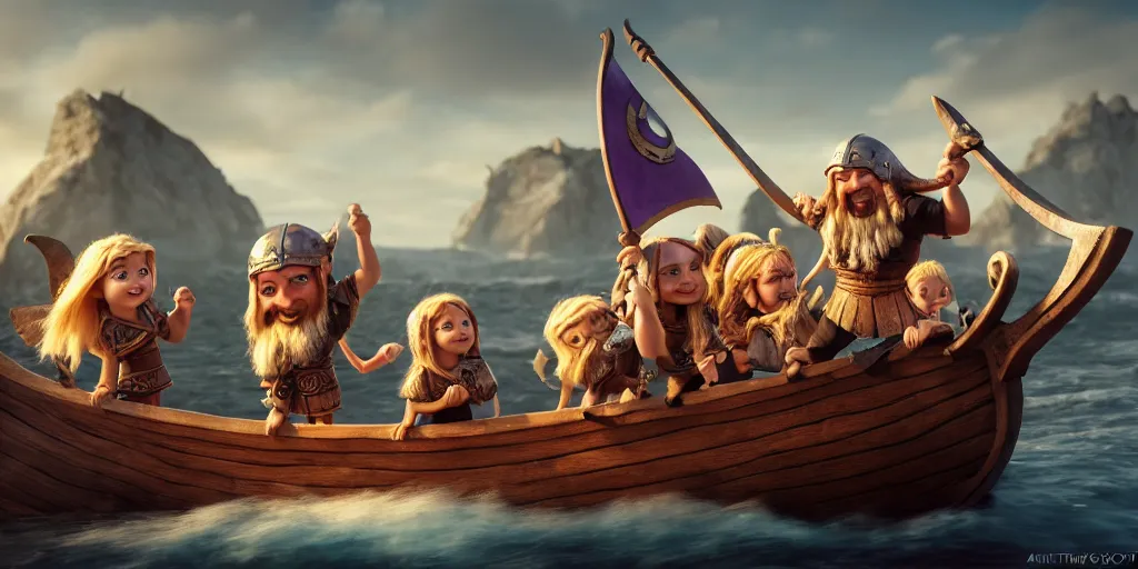 Image similar to adorable vikings on a viking ship, pixar render, brilliant style by Artstation, Artstation Trending, cgsociety, high quality, very coherent, ultra realism, high definition, post processing, unreal engine, 8k, high resolution, octane render, high contrast, 4k UHD, photographic, digital art, artstation, cinematic shot, golden hour, island in the background