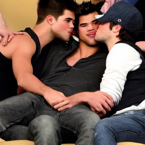 Image similar to taylor lautner kissing robert pattinson on a couch