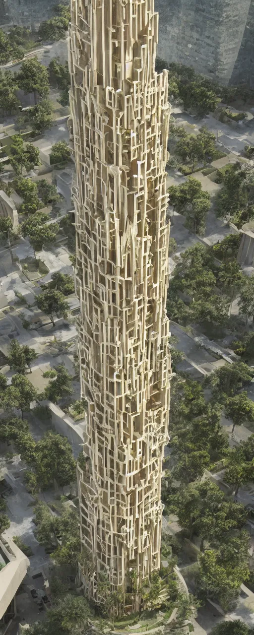 Prompt: single tower, golden gardens of babylon tower, beige stone color palette, sacred ancient architecture, hanging gardens on the balconies, modular cascading highrise, next to mountains and river with lush palm forest, zaha hadid, sunlight, eye - level view, post - production, octane, cgi, sfx