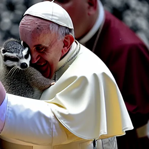 Prompt: Pope Francis hugging a racoon in game of Thrones