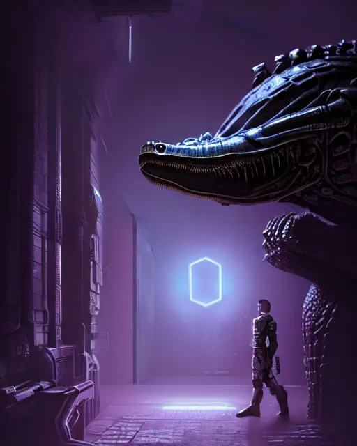 Image similar to Sci-Fi Crocodile alien, armored, big, art by Kashin, Wadim, Martinière, Stephan, holding rifle, sharp focus, pitch black cursed evil Spaceship hallway, dark light, soft purple glow, heroic pose, sci-fi artwork, octane render, dead space artwork, cyberpunk, warm light, occult, magical, volumetric lighting, 8k high definition, highly detailed, trending on art Station, centered, by Greg Rutkovski, sci-fi artwork, arnold render