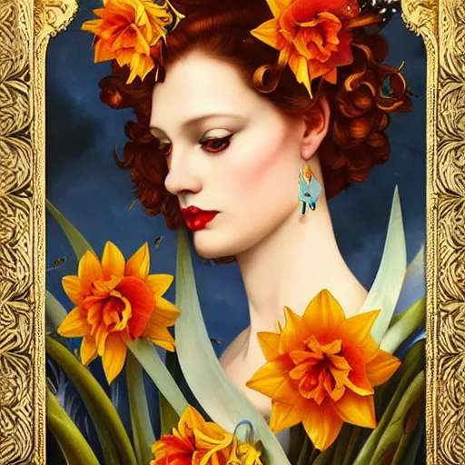 Image similar to dynamic composition, woman with hair of ( daffodils )!! and ( spring flowers ) wearing ornate earrings, ornate gilded details, a surrealist painting by tom bagshaw and jacek yerga and tamara de lempicka and jesse king, wiccan, pre - raphaelite, featured on cgsociety, pop surrealism, surrealist, dramatic lighting