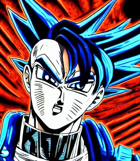 Prompt: hyper detailed comic illustration of a Atompunk anime Goku, markings on his face, by by Android Jones intricate details, bright vibrant colors , solid background, low angle fish eye lens