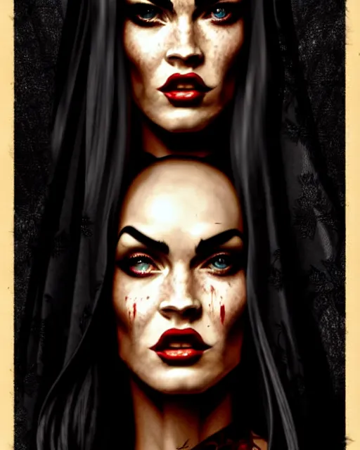 Image similar to megan fox witch queen, black eyes, blood, full body, intricate victorian dress, middle shot, cinematic lighting, studio quality, symmetrical eyes, artgerm, joshua middleton, rafael albuquerque, moody lighting, candles, art style by klimt, nixeu and ian sprigger and wlop and krenz cushart