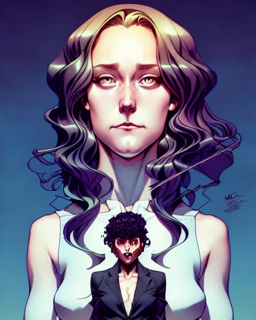 Image similar to artgerm, joshua middleton comic cover art, pretty full body serial killer maika monroe creepy smiling, full body, symmetrical eyes, symmetrical face, long curly brown hair, standing in front of an abandoned house background