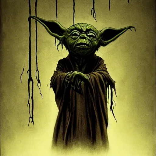 Image similar to horror evil yoda black blood dripping scary eyes creepy background schizo, by john kenn mortensen, zdizslaw beksinski, jeremy mann, h. r. giger