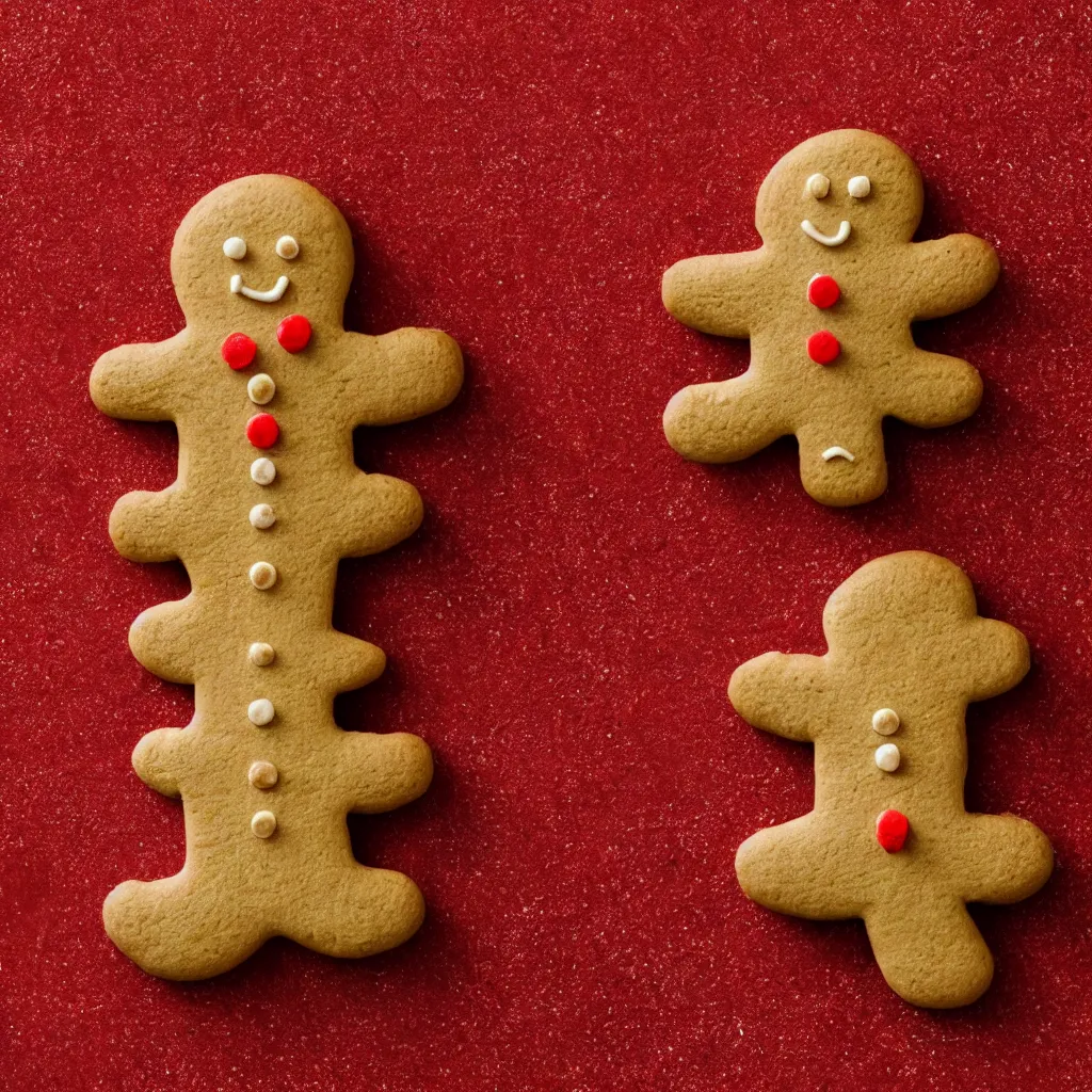 Prompt: top-down view of a cute gingerbread man on top of a red surface, 8k, high detail, photorealistic, proper shading