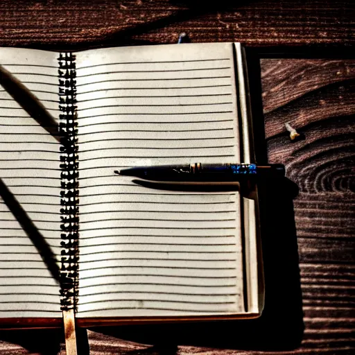 Image similar to highly detailed close up photo of an old worn notebook on wooden table, old table, feather pen, light coming out of near window, moody lighting, dim atmosphere, dust in air