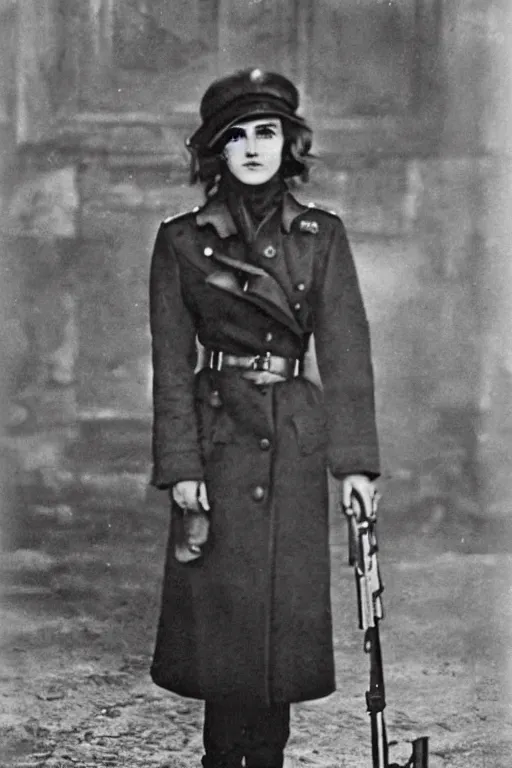 Image similar to photograph of soviet chekist comrade emma watson, standing in a long leather coat with mauser pistol, vintage revolution photograph, famous photo