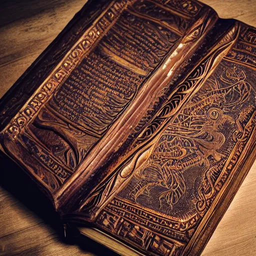 Image similar to a medium shot of a book sitting on a crowed desk, the book is closed, the cover is ornately carved leather, beside the book is an ancient scroll, dark, single light, vignette, magic, fantasy, 4 k