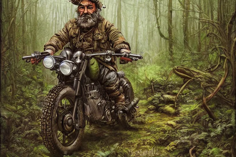 Image similar to a highly detailed garden gnome driving a forest camo motorcycle, overgrown, post apocalyptic road warrior style, wide angle, an ultrafine detailed painting by p. craig russell and barry windsor - smith, trending on deviantart, octane, masterpiece