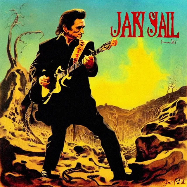 Image similar to album cover for Johnny Cash: The Snake Oil Tapes, album art by Frank Frazetta, snake oil album, snakes