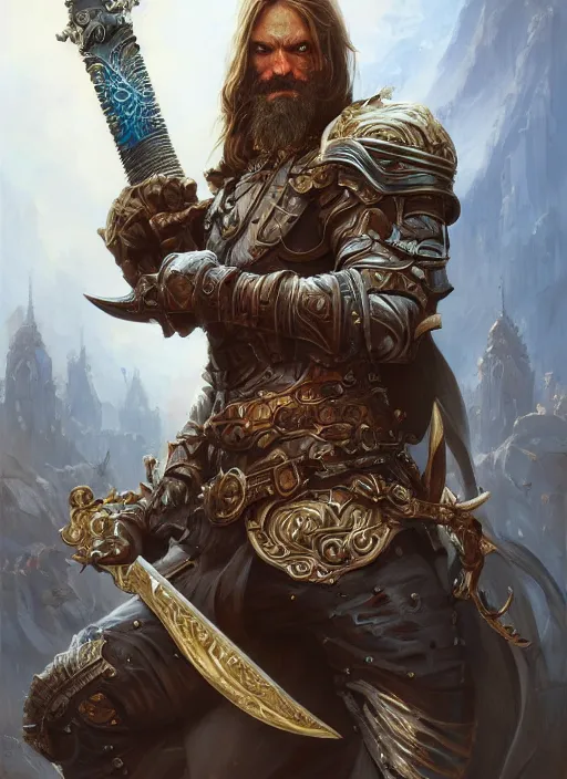 Image similar to PewDiePie as a mean looking hero holding an enormous large dual wielding sword, intricate, elegant, highly detailed, centered, digital painting, artstation, concept art, smooth, sharp focus, illustration, artgerm, donato giancola, Joseph Christian Leyendecker, WLOP, Boris Vallejo, Artgerm